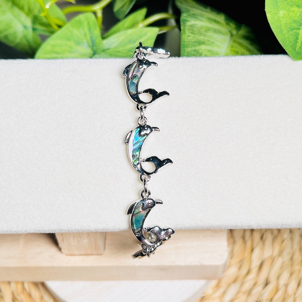 Dainty Dolphin Abalone Mother of Pearl Silver Tone Bracelet w/ lobster clasp.